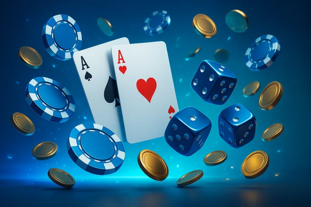 Casino poker aces and blue dice with golden coins floating on blue background